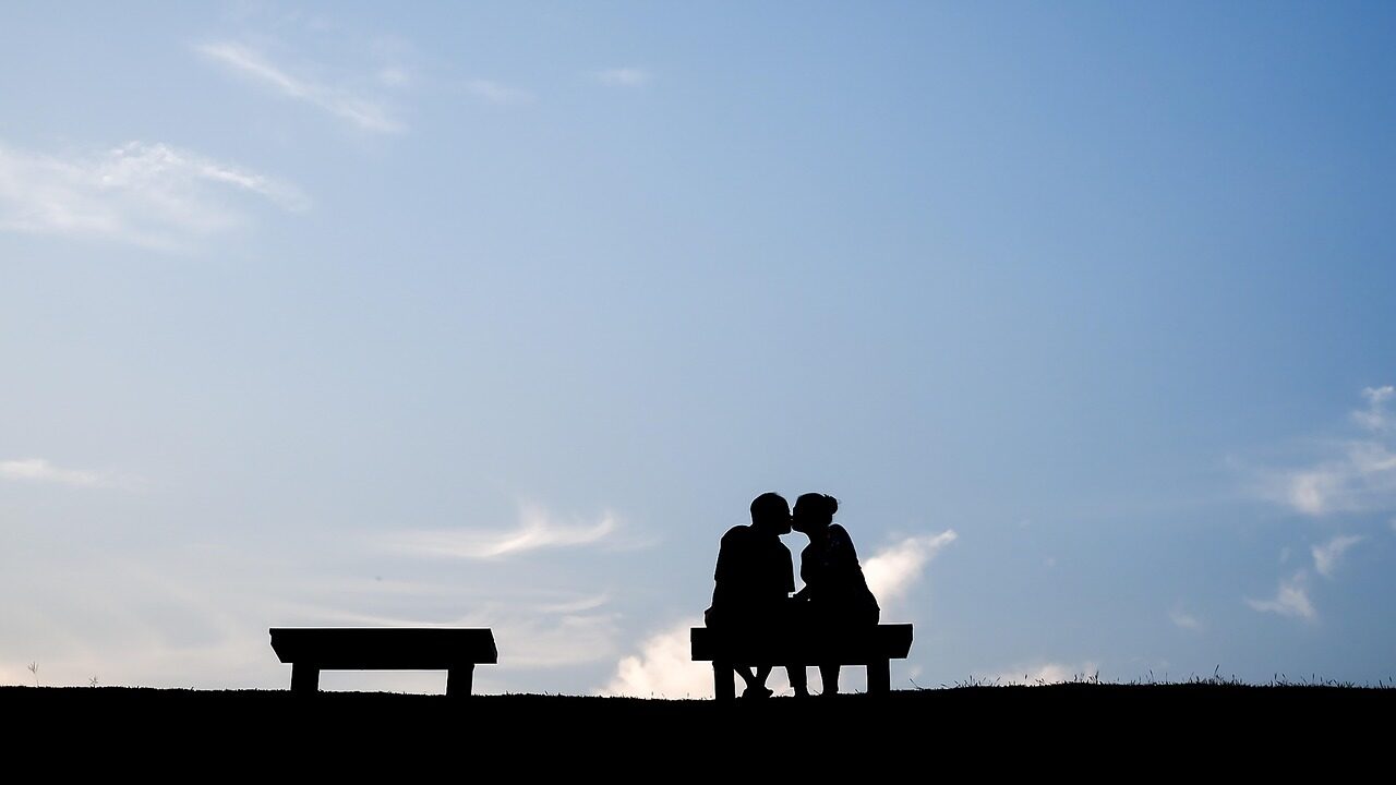 couple, nature, kiss, love, romance, silhouette, lovers, relationship, kissing, romantic, sunset, blue sky, sky, couple goals, affection, happyvalentine's