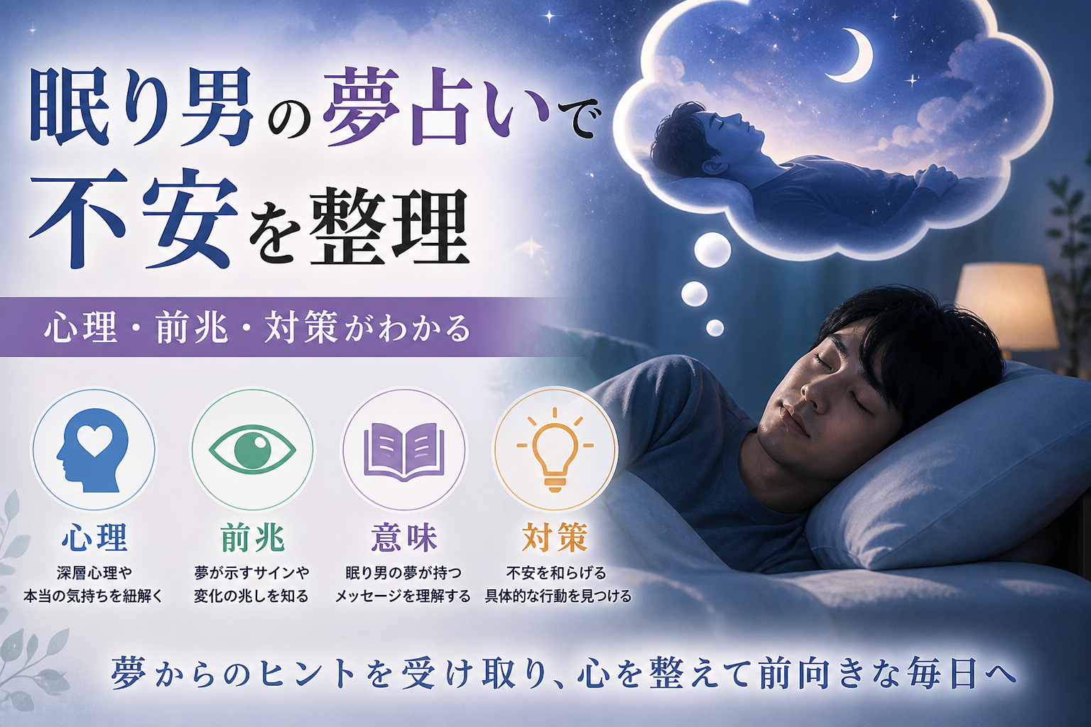 Illustration of 眠り男の夢占いで不安を整理、心理・前兆・対策がわかる